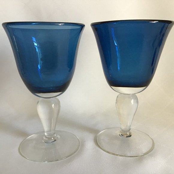Pair Handblown Glass Wine Goblets Glasses Blue with Clear Base - Picture 1 of 5